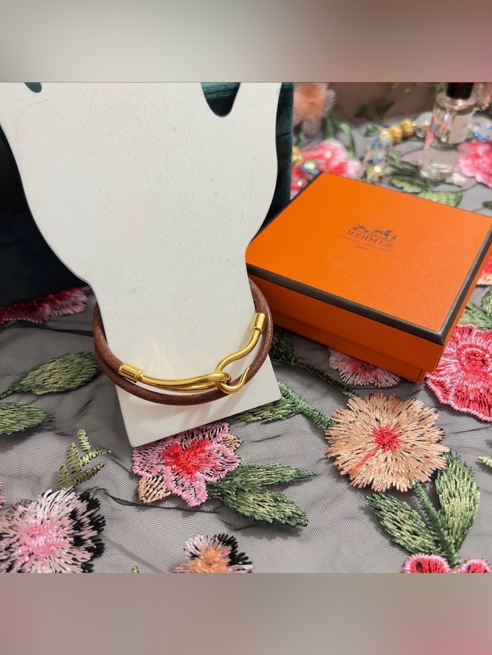 AUTH HERMÈS Jumbo Hook Bracelet • Double Duo Loop GP & Brown Leather Authentic